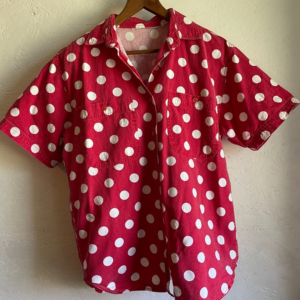 Rare Vintage 100% Soft Twill 100% Cotton Red White Polka Dots Button Down Shirt